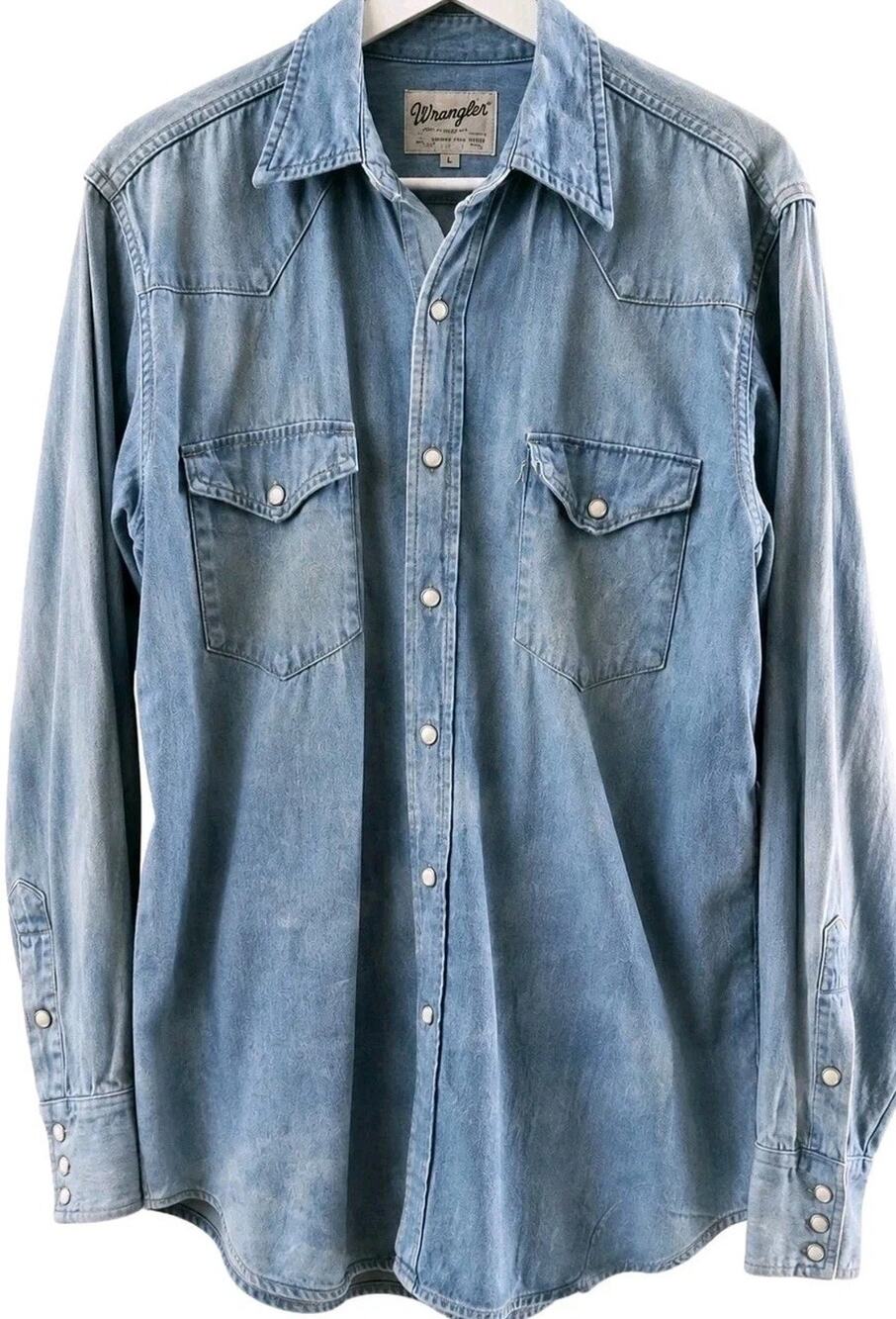 VTG 60s Wrangler Sanforized Denim Pearl Snap Button Shirt Mens 15.5 34 Western